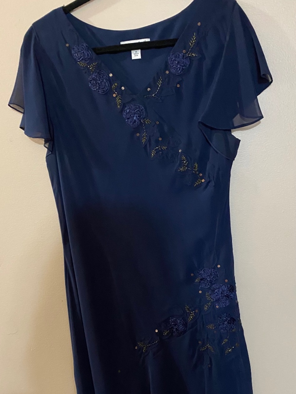 Navy Elegant Dress adorned with delicate tonal embroidery, sequins, beading.